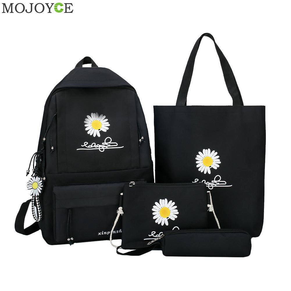 Outdoor Shopping Accessaries Supplies Preppy Style Daisy Print Backpack 4pcs/Set Canvas Shoulder Bag Pencil Clutches Backpacks Bags Women's Backpack
