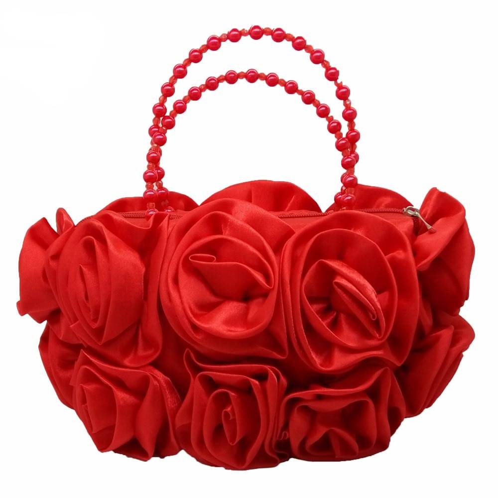 Red Flower Rose Bush Satin Evening Purse Evening Bags & Clutches