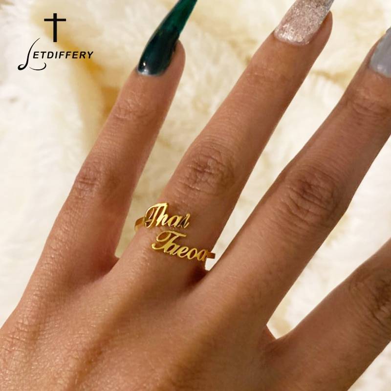 Letdiffery Personlizd Double Name Rings Stainless Steel Adjustable Women Wedding Rings Unique Engagement Gifts Jewelry Rings