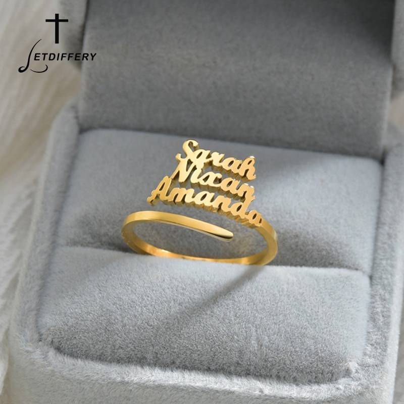 Letdiffery Personlizd Multi Names Family Rings Stainless Steel Custom Jewelry for Couple Mom Dad Gifts Jewelry Rings