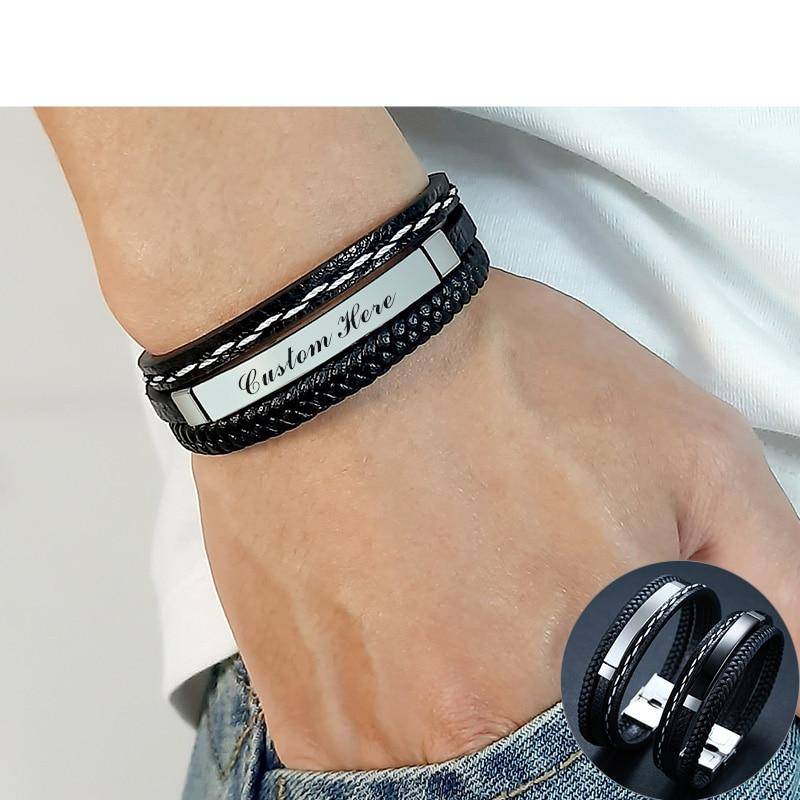 Vnox Customize Name Quotes Leather Bracelets for Men Glossy Stainless Steel Layered Braided Bangle Personalized DAD Husband Gift Accessories