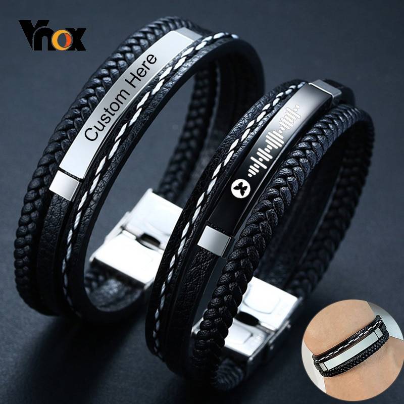 Vnox Customize Name Quotes Leather Bracelets for Men Glossy Stainless Steel Layered Braided Bangle Personalized DAD Husband Gift Accessories