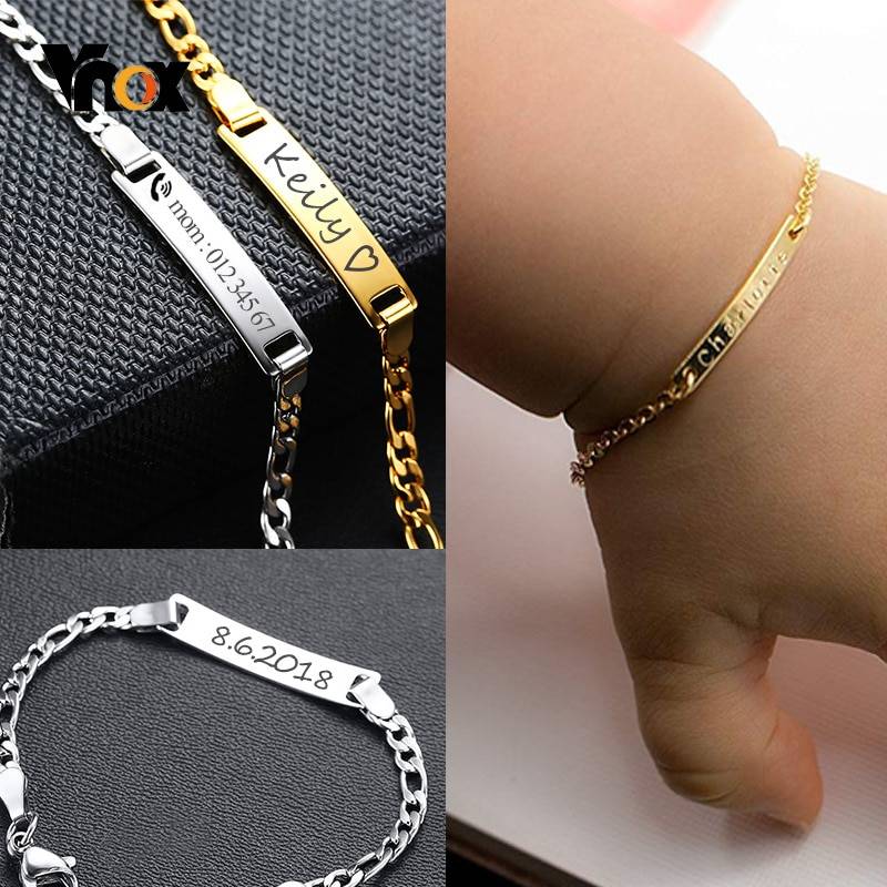 Vnox Personalize Custom Baby Name Bracelet Gold Tone Solid Stainless Steel Adjustable Bracelet New Born to Child Girls Boys Gift Bracelets Jewelry